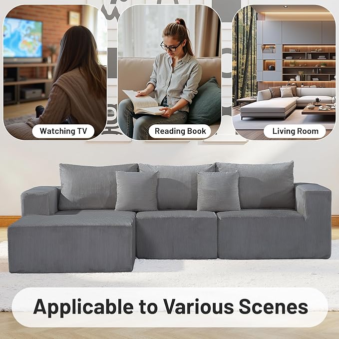 Modular Sectional Sofa,Oversized Cloud Sectional Couch with Deep Seat Modern Boneless L-Shape Lounge Sofa No Assembly Required with Pillows for Living Room Bedroom(Grey)