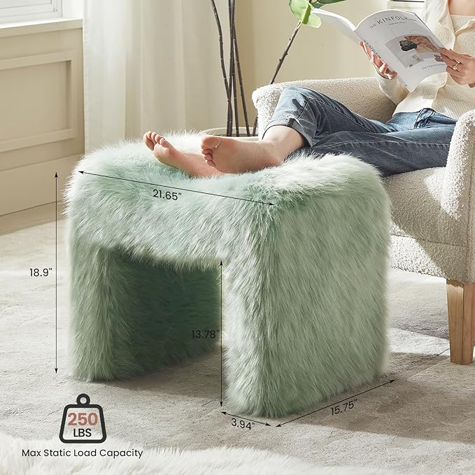 Vanity Stool Chair Small Footstool Ottoman Faux Fur Seating Backless Modern Foot Rest Ottoman Furry for Makeup Room Living Room Bedroom Entryway,Green (Single 1)