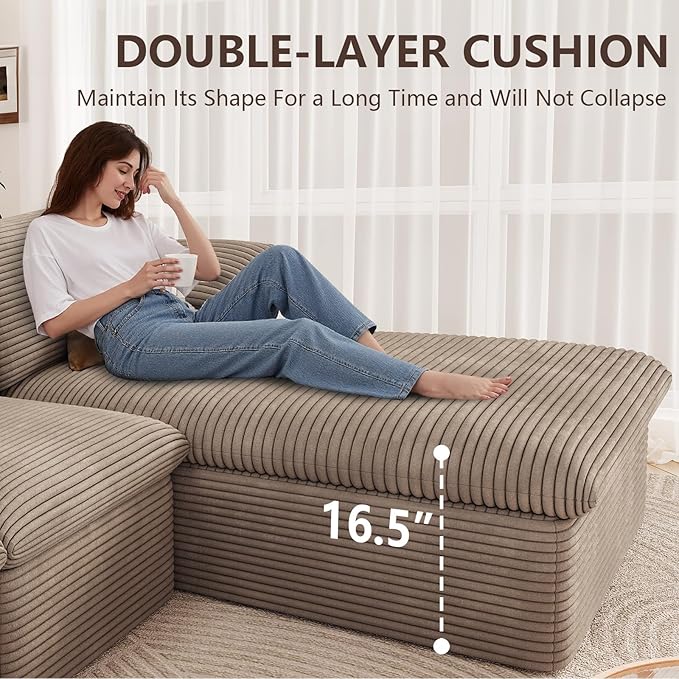 136" Cloud Modular Sectional Sofa with 1 Ottoman, Deep Seat Boneless Couch, Modern Upholstered Corduroy Couches, Comfort U Shaped Sofa for Living Room, No Assembly Required(Camel,Right Facing Chaise)