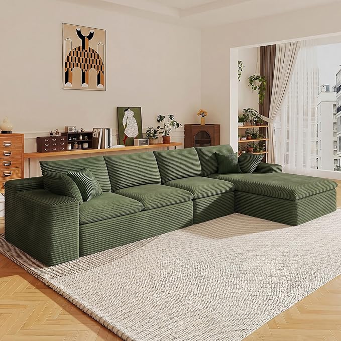 136" Cloud Sectional Couch with L-Shape Chaise, Modern Corduroy Viral Boneless Sofa for Living Room,Memory Foam Couches in a Box with Deep Seat,No Assembly Required (Green,Right-Facing Chaise)