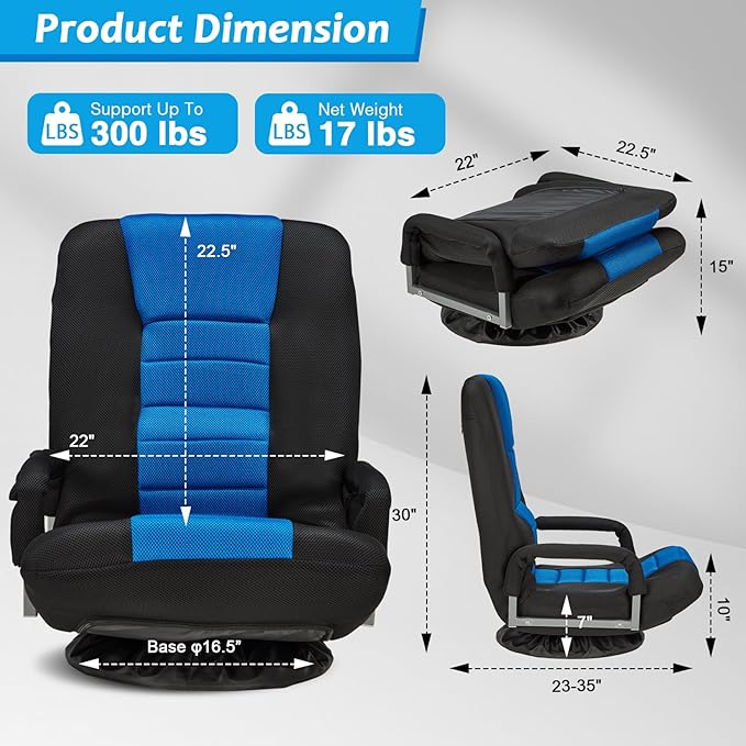 360 Rotating Swivel Gaming Chair w/6 Adjustable Positions Backrest Foldable Floor Chairs Suitable for Reading, Relaxing, Mediation,Blue