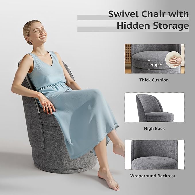 MALOL Swivel Accent Chair Set of 2, 360° Swivel Round Chair with Hidden Storage, Vanity Chairs, Modern Small Barrel Armchair for Living Room/Bedroom, Darkgrey