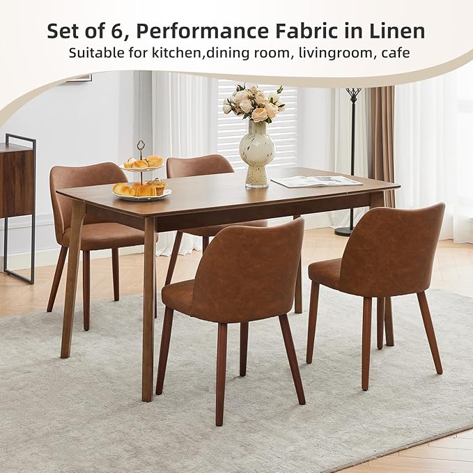 ElfinAura Dining Chair Set of 6, Leather Upholstered Dining Chair with Wood Legs, Wing Backrest, Wooden Kitchen Chair, Kitchen Chairs with Thick Cushions for Dining Room, Living Room, Brown