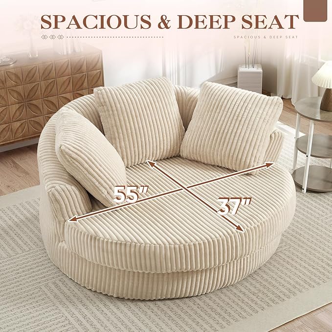 61"W Oversized Round Chaise Lounge Chair Indoor, Upholstered Corduroy Large Circle Boneless Chair with Deep Seat, No Assembly Required, Modern Comfy Cloud Sofa Chairs for Living Room, Bedroom(Beige)