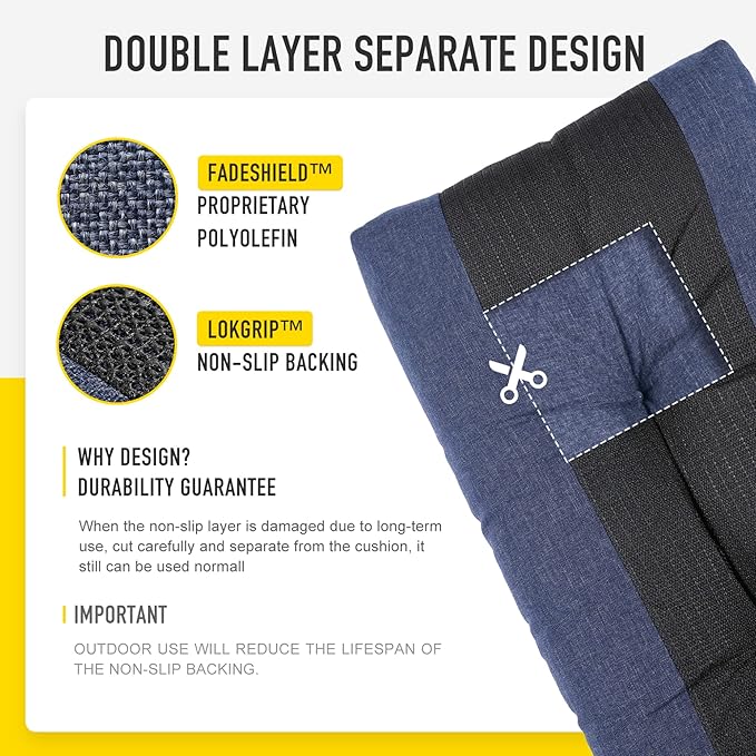 SUNROX LokGrip Non Slip Tufted Memory Foam Bench Cushion, FadeShield Water Resistant Durable Thicken Outdoor/Indoor Bench Seat Pads 27x12x4 inch, Heather Indigo