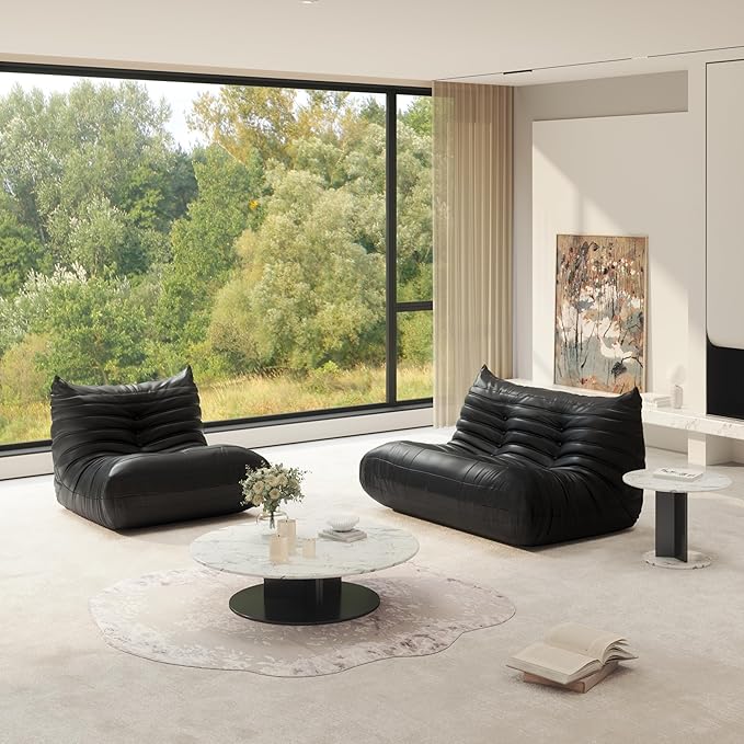 Fireside Chair Lazy Floor Sofa Set, Cozy Memory Foam Bean Bag Chairs, Faux Leather Giant Bean Bag Chair Sofa, Armless Foam Couch Lounger Tatami Recliner for Living Room Bedroom Dorm Office