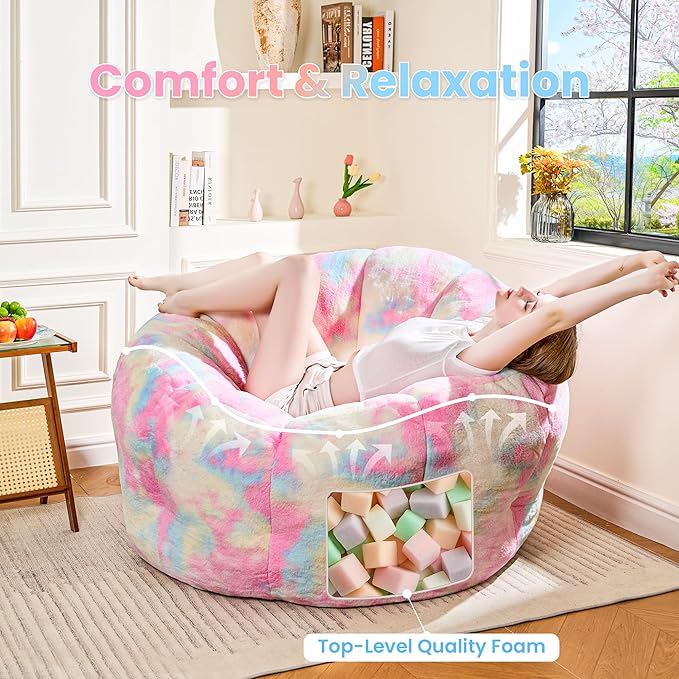 Giant Bean Bag Chair, Faux Fur Adults Beanbag with Petal Armrest Oversize Colorful Chair for Teens Bedroom, Living Room, Dorm, Game - Rainbow, X-Large, High Support