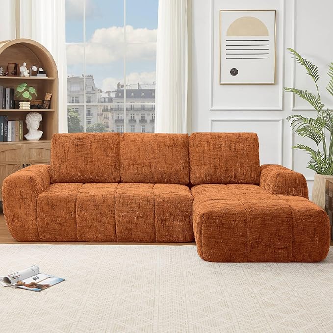 KEIKI Sectional Chenille Floor Sofa, Convertible L-Shaped Boneless Cloud Sleeper Couch with Chaise Lounge, Space Saving Modular Futon Couches Bed for Living Room Bedroom, No Assembly Required, Orange