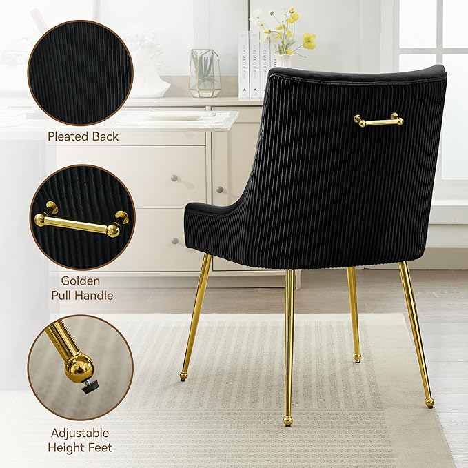 WUTUTUEE Velvet Dining Chairs Set of 6 Gold Legs,Upholstered Velvet Accent Chairs, Pleated Back Design & Gold Pull Handle, Mid Century Modern Chairs for Dining/Kitchen/Living Room,Black