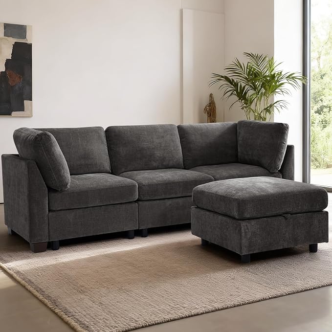 EDILLY 94 inches Oversized Modular Sectional Fabric Cloud Sofa Set, Extra Large L Shaped Couch Reversible Chaise Couch,2 Seat Modular Sofa with Storage Ottoman,Grey
