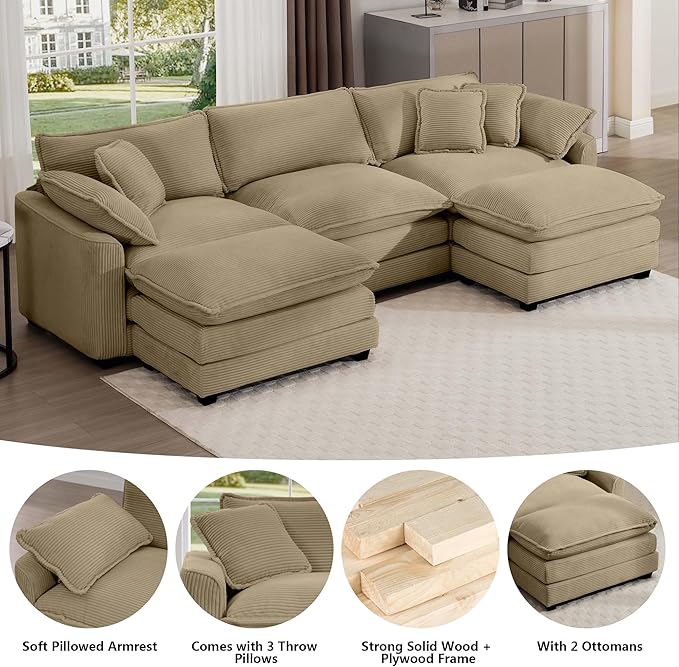 Aoowow Corduroy 3 Seater Couch with Ottomans,Modern Large Cloud Couches for Living Room,U Shaped Modular Sectional Cloud Sofas Deep Seat,U Shape Oversized Tufted Sofa Set (Tan, 3 Seater + 2 Ottoman)