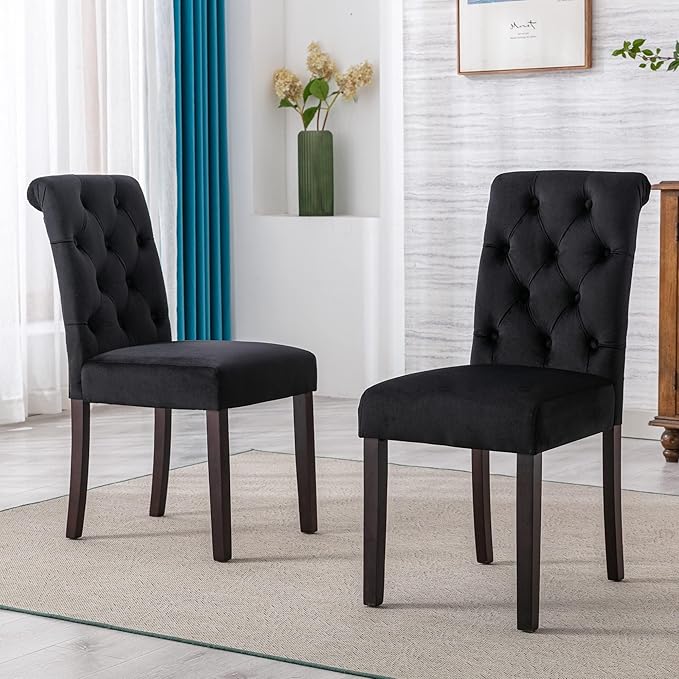 chairus Dining Chairs Set of 2 Mid Century Modern Living Room Chairs with Button Tufted High Back Velvet Chair Comfy Upholstered Side Chairs for Kitchen/Restaurant/Bedroom, Black