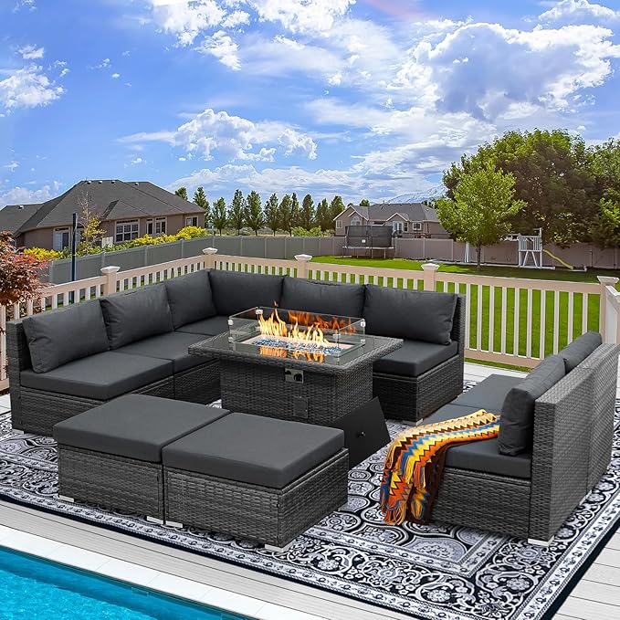 RADIATA 10 Piece Wicker Patio Furniture Set with Fire Pit, All-Weather Outdoor Sectional Couch High Back Large Size, Modular Backyard Seating Sofa Set with Propane/Natural Gas Firepit Table, Dark Grey