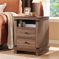 Farmhouse Nightstand with Charging Station, 18" Rustic Night Stand with 2 Storage Drawers, Wood End Table for Bedroom, Living Room, Reclaimed Barnwood