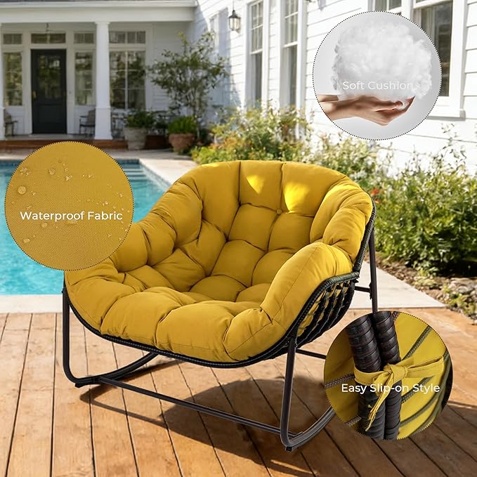 Sgentle Papasan Rocking Chair Outdoor, Oversized Patio Rocking Chair with Cushions & Steel Frame, Wicker Egg Lounge Chair Indoor, Comfy Reading Chair for Patio, Deck, Porch (Yellow, Style 1)