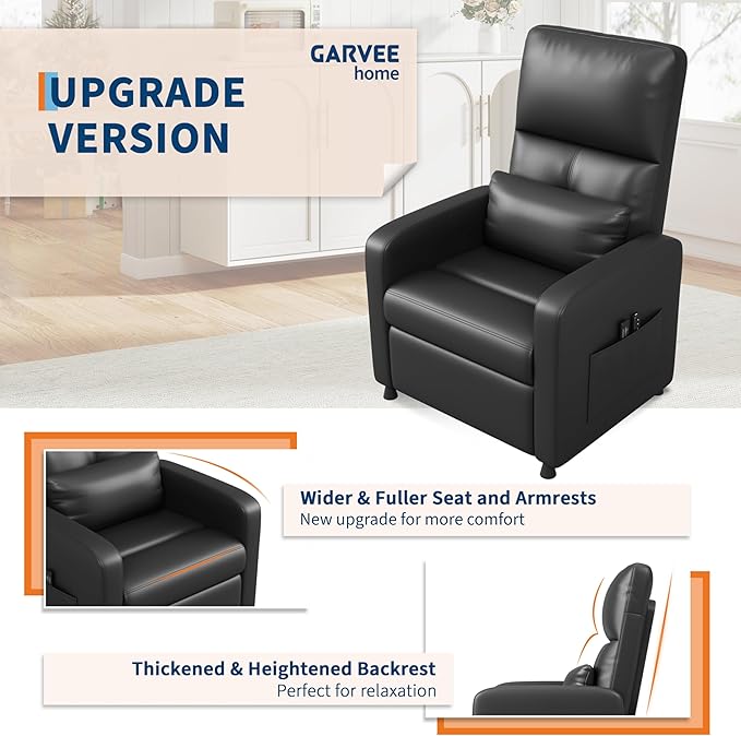 GarveeHome Power Recliner Chair, Adjustable Electric Recliner Ergonomic Overstuffed PU Leather Single Sofa, Tall Back, Padded Seat, 2 Side Pockets and USB Port, Home Theater Seating for Living Room