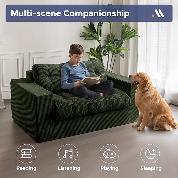 MAXYOYO Bean Bag Chair for Adults, Upholstered Floor Sofa with Armrests, Loveseat Boneless Couch with Tufted Cushion & Backrest, Sofa in A Box, Large Bean Bag Couch for Bedroom Living Room, Green