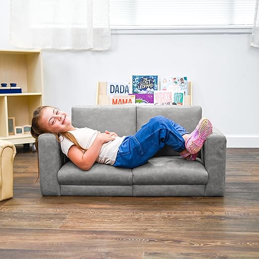 Children's Factory As We Grow Modern Kids Sofa, Flexible Seating for Classroom Elementary, Adjustible Kids Couch for Playrooms and Daycares, Faux Distressed Leather Gray