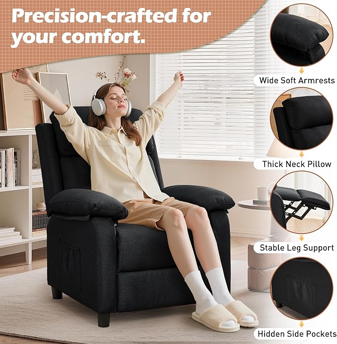 Recliner Chair, Living Room Chairs for Adults, Padded Deep Seat Reading Chair with Side Pockets, Small Recliners for Small Spaces, Lounge Chair for Living Room, Bedroom, and RV (Linen)