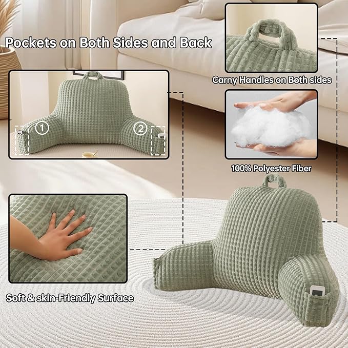 PAJEO Reading Pillow for Sitting in Bed, Large Backrest Reading Pillow with Arm Rest,Back-Rest Support Cushion for Sit Up on Couch, Sofa, and Floor, Dorm Essentials (Green Flannel, Large(19"))