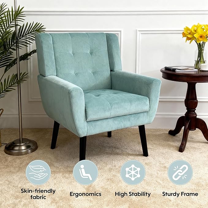 OO BY ORANGE ONLINE Set of 2 Velvet Accent Chair, Mid-Century Modern Tufted Armchair for Living Room, Bedroom & Office (Seafoam Green)