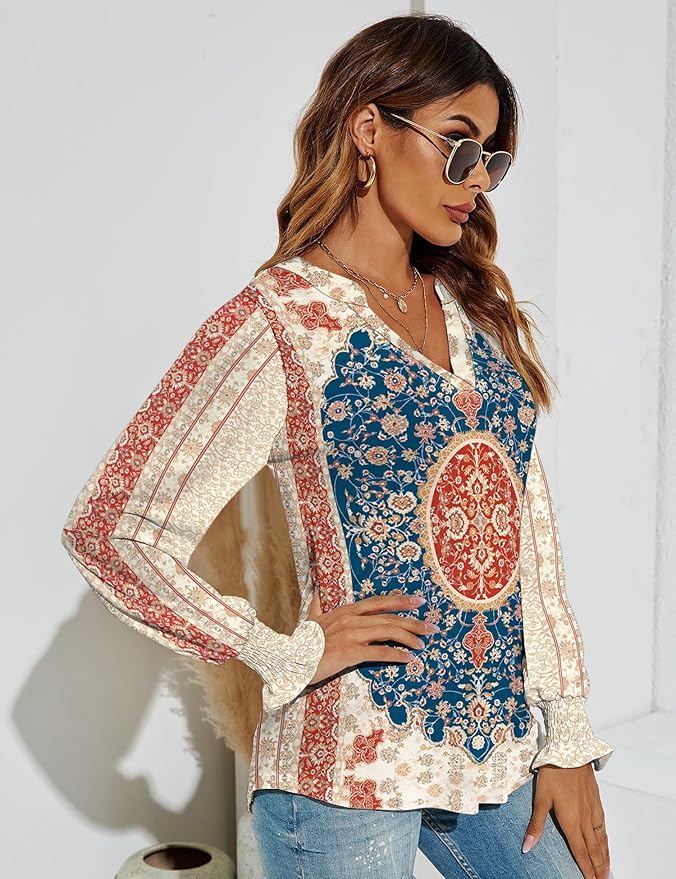 Romanstii Women's Casual V-Neck T-Shirts Loose Puff Long Sleeve Tops Tunic Blouses