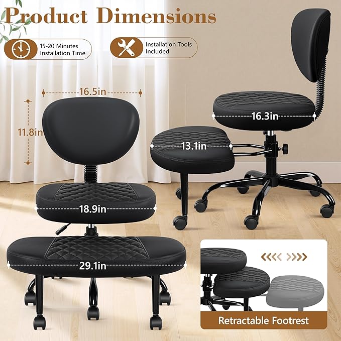 Ergonomic Cross Legged Office Chair with Wheels - Adjustable Height for Meditation, ADHD Desk & Yoga - Wide Criss Cross Design with Lumbar Support, Kneeling Chair - Inky Black
