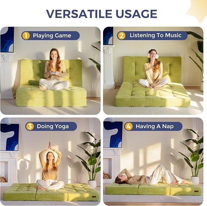 MAXYOYO Tri-Fold Mattress, 6 Inch Tufted Folding Mattress Full Foam Bed, Foldable Floor Couch Guest Bed Topper Portable Camping Sleeper with Corded Fabric, Green, 53"x75"
