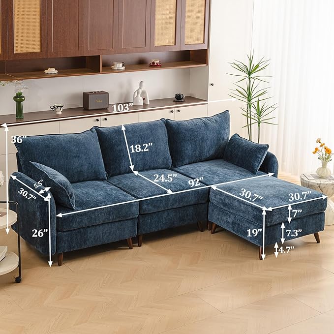 Rexulqo 104'' Modular Sectional Sofa with All Seats Storage, Oversized L Shaped Couch,Comfy Cloud Couches with Movable Ottoman,24.5'' Deep Seat,Large Sectional for Living Room,Bedroom,Velet,Blue