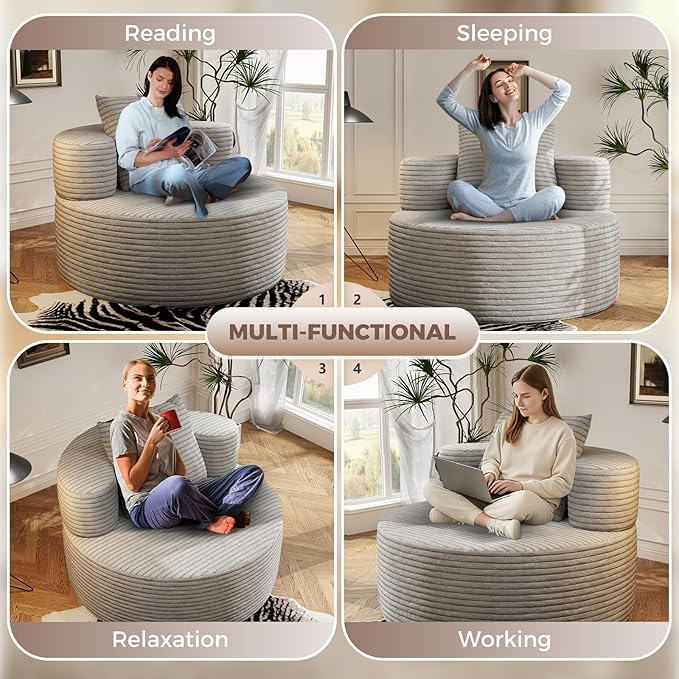 37.4" Oversized Boneless Chair Round, Chaise Lounge Boneless Accent Chair Indoor, Upholstered Corduroy Deep Seat Sofa Chair, No Assembly Required, for Living Room Bedroom Apartment