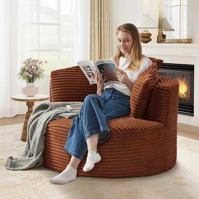 48"W Oversized Round Chaise Longue Chair Indoor,Corduroy Fluffy Comfy Cloud Chair,Circle Bean Bag Sofa with Foam Filling & Pillows,Boneless Reading Cozy Sofa Chairs for Living Room,Bedroom,Orange