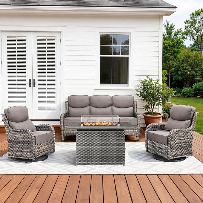 Pugire Luxury High Back Patio Furniture Set with Fire Pit Table & 6-Inch Thick Cushions, 4-Pieces Outdoor Furniture with Swivel Chairs, Wicker Conversation Set for Porch, Balcony, Deck and Yard