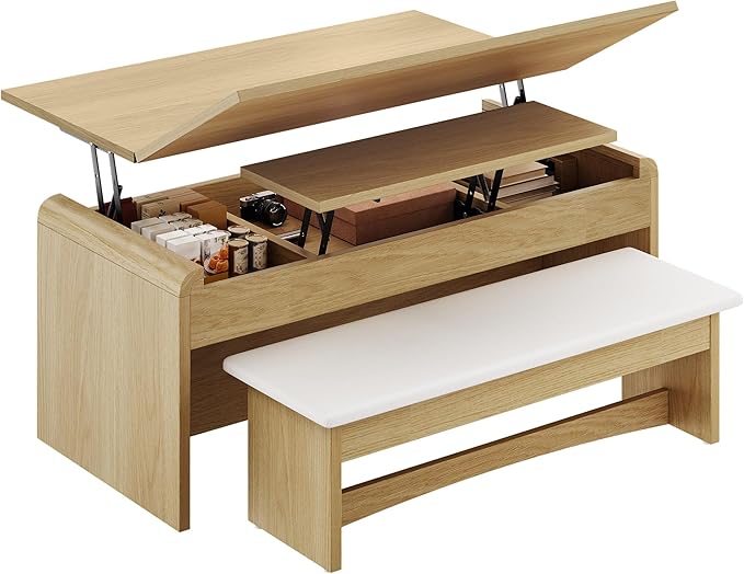 Coffee Table Lift Top, 40'' Multi-Function Coffee Table Set with Bench & Hidden Compartment, Center Table w/Curved Corner, Converts to Home Office Table, Dining Table for Living Room, Natural