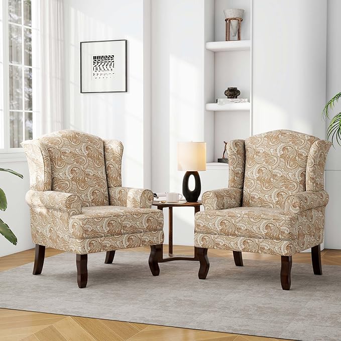 DREAMSIDEA Accent Chair, High Back Upholstered Armchair with High Resilience Sponge & Wood Legs, Mid-Century Modern Comfy Single Sofa Reading Chairs for Living Room, Bedroom (Floral Sand, Set of 1)