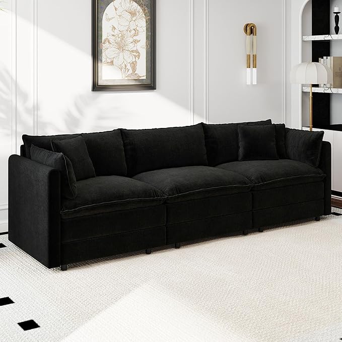 Aoowow Modular Sectional Sofa,112.2 Inch Deep 3-Seater Sofas Comfy Chenille Cloud Sofas and Couches with Pillows for Living Room Apartment（Black）