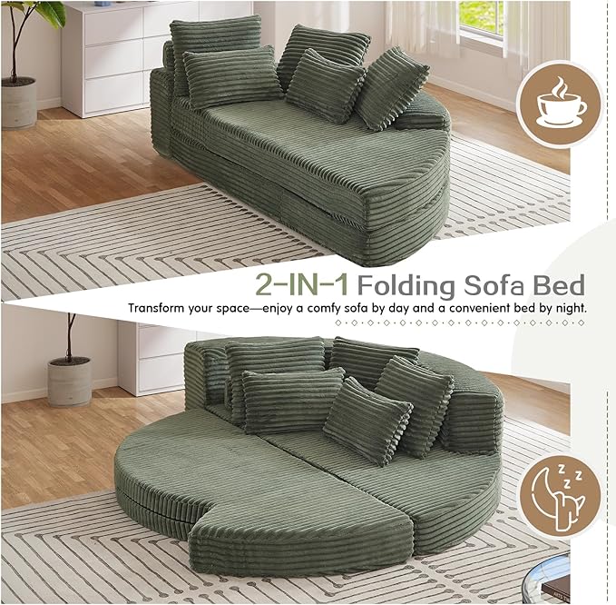 Antetek Chaise Lounge Chair Indoor, Convertible Folding Futon Sofa Bed w/ 5 Pillows, Fluffy Corduroy Boneless Compressed Memory Foam Couch for Living Room, Bedroom (Green, Right Half)
