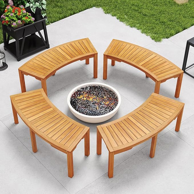 Tangkula Outdoor Curved Bench, Acacia Wood Fire Pit Bench w/Slatted Seat, Patio Backless 2-Person Seating for Porch, Yard, Garden, 800 LBS Max Load, Oil Painted (2, 45")