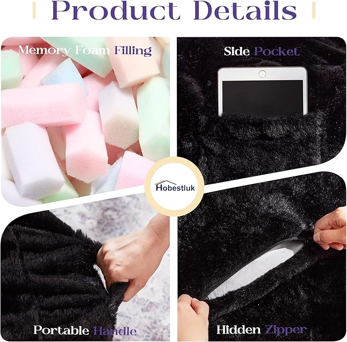 Hobestluk Bean Bag Chairs Giant Beanbag Chair with Filler, Memory Foam Bean Bags with Fluffy & Machine Washable Cover, Bean Bag Chairs for Aduts for Living Room, Bedroom (BLACK, 6FT - 70" x 70" x 15")