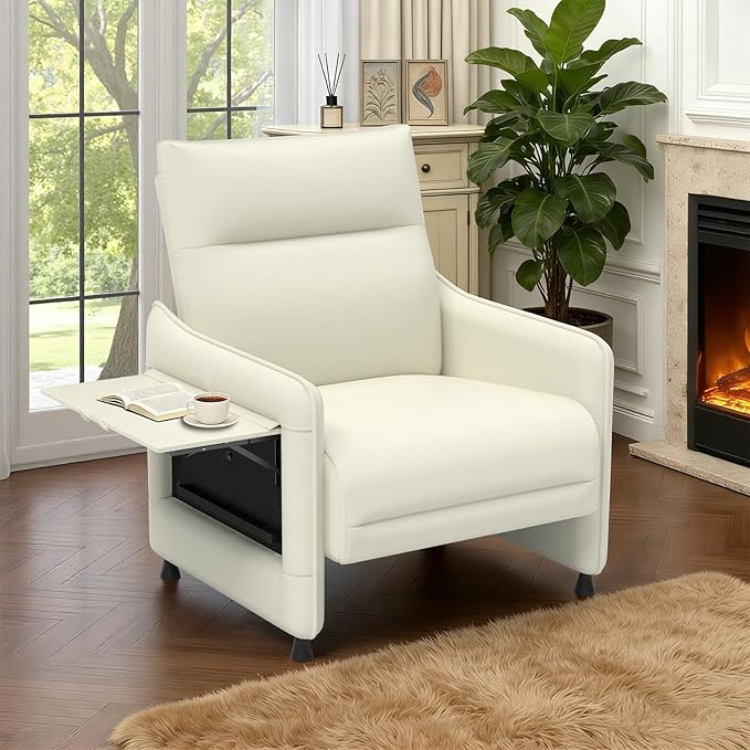 Tbillionnext Upholstered Accent Sofas Set of 2, Modern Faux Leather Sofa Chairs with Hidden Foldable Tray & Side Pocket, Rear Contour Arm Design, Small Accent Sofas for Living Room, Beige