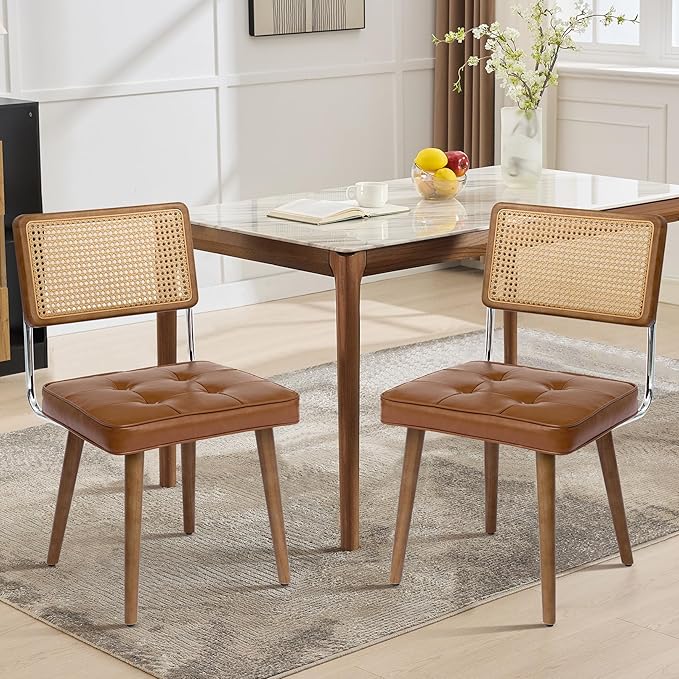 GarveeHome Natural Rattan Dining Chairs Set of 4, PU Upholstered Kitchen Chairs with Tall Cane Backrest and Strong Wood Legs for Dining Room, Kitchen, Restaurant, Brown
