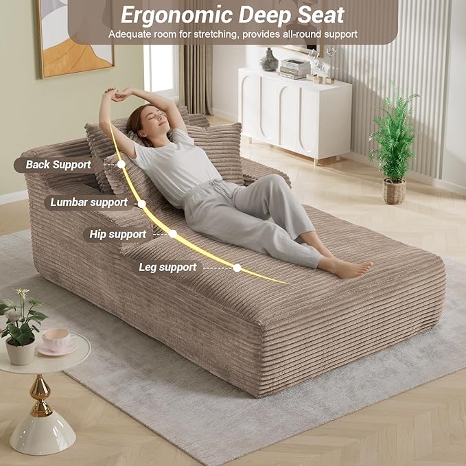 50"W x 76"D Oversized Chaise Lounge Chair Indoor Boneless Reading Chair Plush Corduroy Recliner Large Deep Seat Upholstered Sleeper Comfy Sofa Bed Couch with 3 Pillows for Living Room Bedroom, Camel