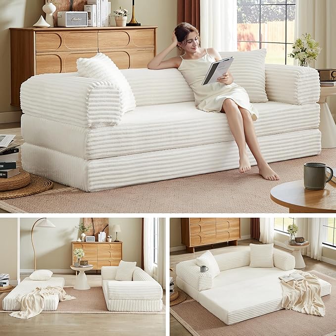 Chorlenimi Boneless Couch Futon Sofa Bed Sectional Couches for Living Room,Cloud Couch with Sleeper Sofa,Sofas for Living Room Oversized Corduroy Upholstered (White, 76 Inches (No Iron Frame))