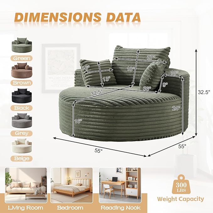 55"W Oversized Round Chair Lounge Chaise Indoor, Upholstered Comfy Circle Sofa Armchair, Modern Cozy Boneless Foam Floor Reading Chair for Living Room, Bedroom, No Assembly Required(Corduroy, Green)