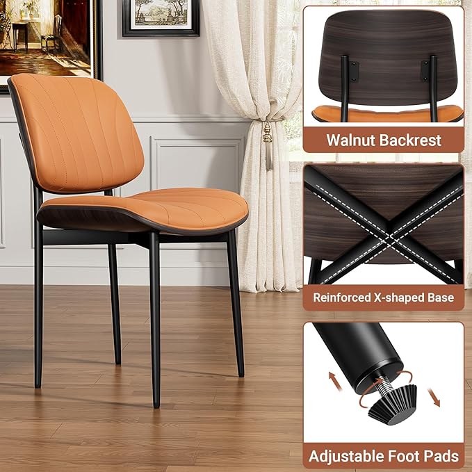 YaFiti Dining Chairs Set of 8, Mid Century Modern Dining Room and Kitchen Chairs, Upholstered PU Leather Chairs with Walnut Bentwood and Metal Legs, Orange