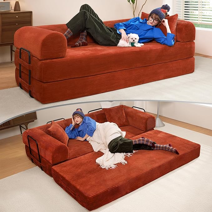 79" Convertible Sofa Bed, Boneless Corduroy Sleeper Foldable Modular Couch, Memory Foam Compressed Sofa in A Box, Folding Mattress Floor Couch for Small Space Living Room Apartment Bedroom, Orange