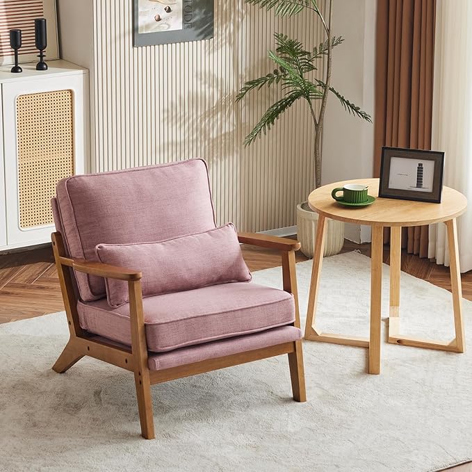 VINGLI Solid Wood Wide Armrests Accent Chair Set of 2,Upholstered Mid Century Modern Chair with Pillow,Farmhouse Arm Chair Comfy Chair,Chairs Living Room,Bedroom,Guest Room,Linen Fabric,Peachy Red