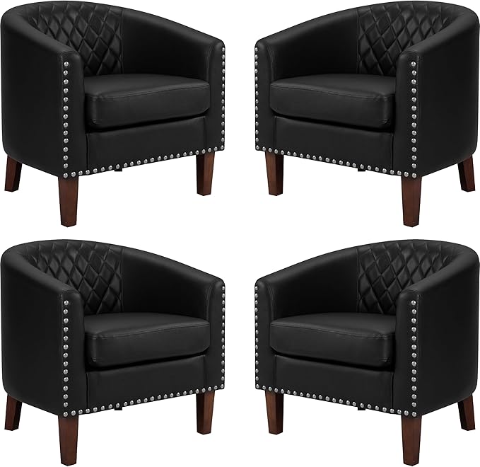 PrimeZone Barrel Chair, Comfy Accent Chair, Faux Leather Living Room Chairs Club Chairs with Cushion, Nailhead Trim and Diamond Mesh Backrest, Reading Chairs for Bedroom Waiting Room, 4PCS, Black