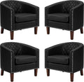 PrimeZone Barrel Chair, Comfy Accent Chair, Faux Leather Living Room Chairs Club Chairs with Cushion, Nailhead Trim and Diamond Mesh Backrest, Reading Chairs for Bedroom Waiting Room, 4PCS, Black