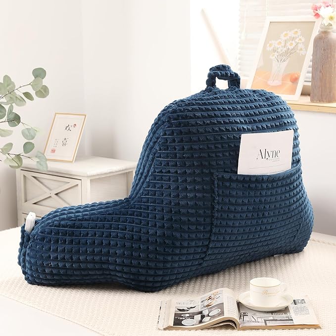 PAJEO Reading Pillow for Sitting in Bed, Large Backrest Reading Pillow with Arm Rest,Back-Rest Support Cushion for Sit Up on Couch, Sofa, and Floor (Dark Blue Flannel, Standard(17inch))