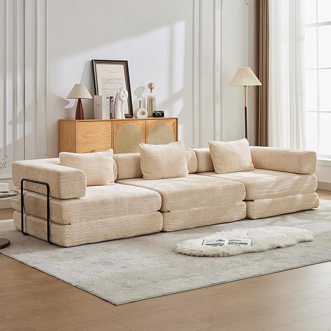 6-in-1 Folding Convertible Sofa Bed, 118 Inch Boneless Couch with Fixed-Shape Frame, Chenille Sleeper Sofa with Pull Out Bed, Floor Sofa Modular Futon Couches for Living Room Bedroom Lounge (Beige)